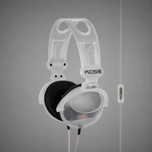 Tai nghe Koss CL-20i trong suốt trên nền xám, headband đôi, cáp trắng và remote inline KOSS