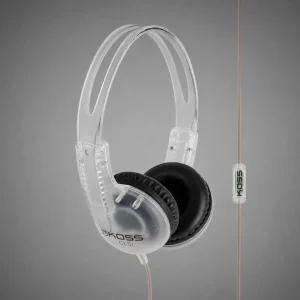 Tai nghe Koss CL-5i trong suốt trên nền xám, logo KOSS CL-5i và cáp có remote inline