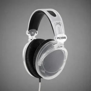 Tai nghe Koss CL/80 trong suốt trên nền xám, over-ear đệm đen và cáp trong suốt
