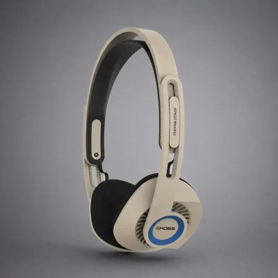 Tai nghe Koss KPH30 Wireless màu be, đệm foam đen, viền xanh và headband suspension