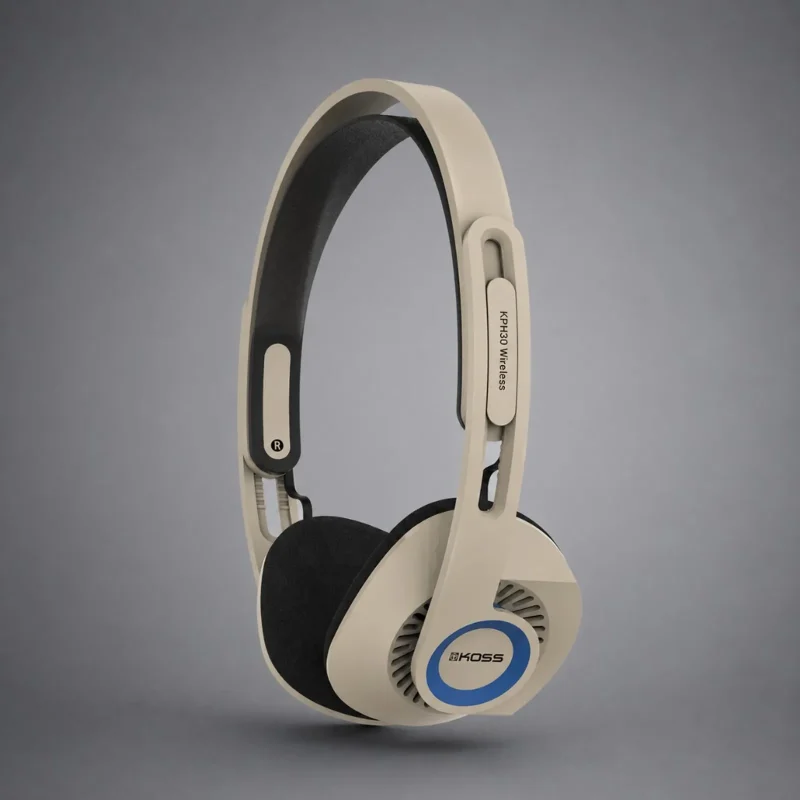Tai nghe Koss KPH30 Wireless màu be, đệm foam đen, viền xanh và headband suspension