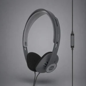 Tai nghe Koss KPH30i màu xám đen, headband suspension, logo KOSS và remote inline trên nền xám