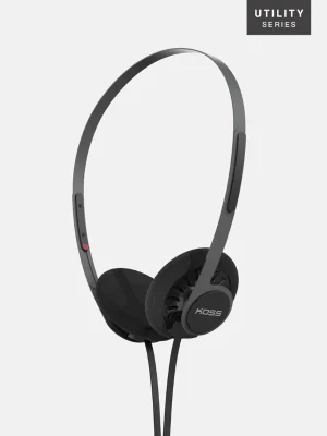 Tai nghe Koss KPH40 Utility Black trên nền xám, thiết kế on-ear open-back và logo KOSS