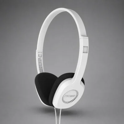 Tai nghe Koss KPH8 màu trắng, đệm foam đen, logo KOSS trên chụp tai và cáp trắng