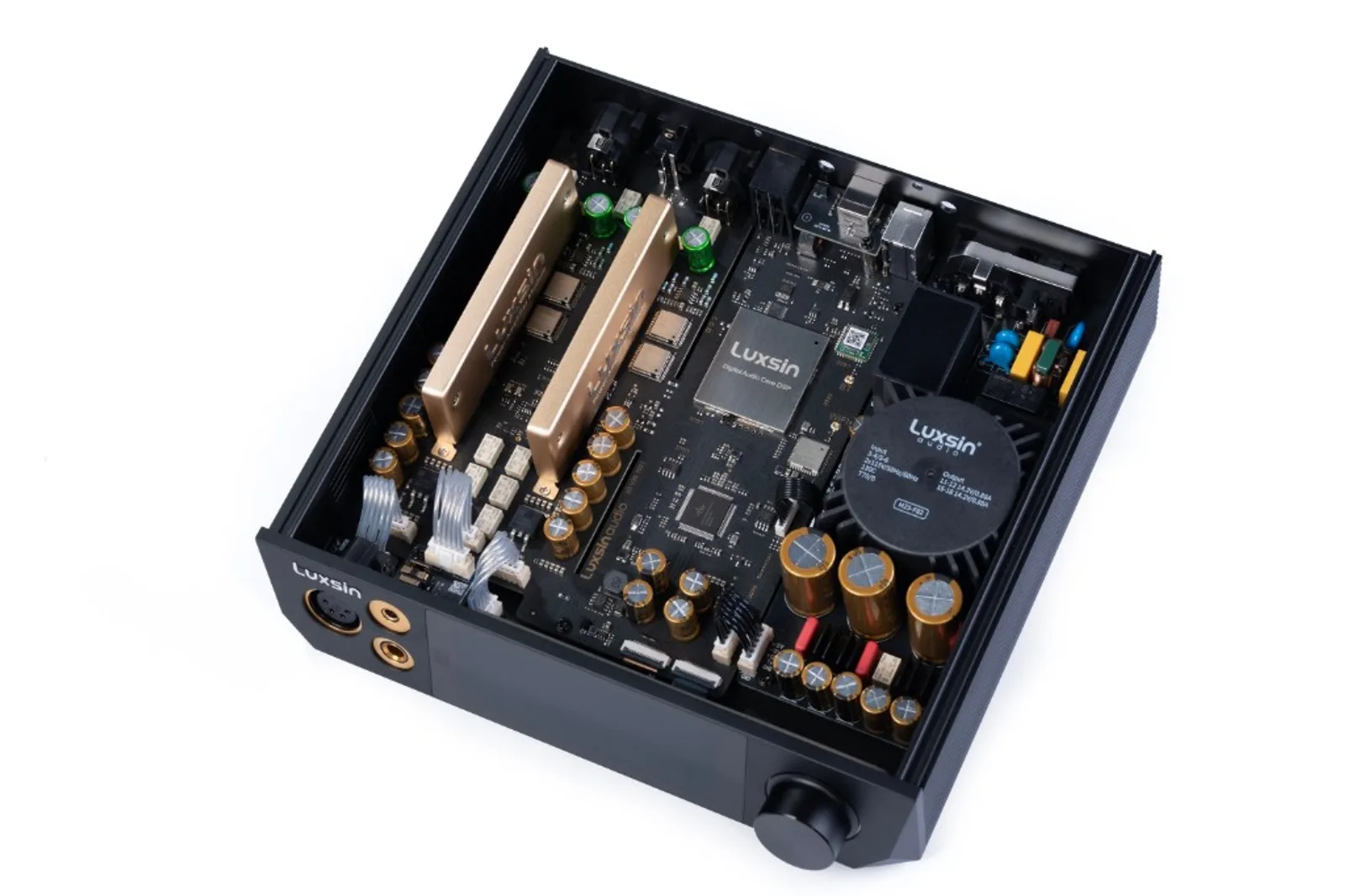 Luxsin X8 mở nắp: bo mạch đen, tản vàng, module Digital Audio Core DSP, tụ điện và cổng sau RCA XLR