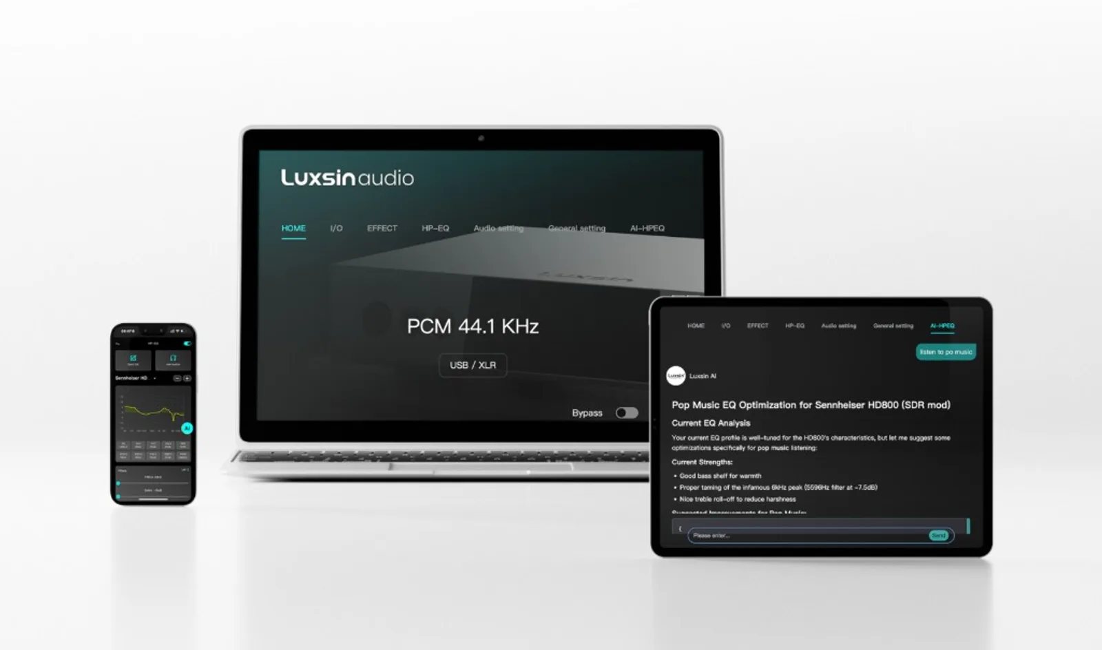 Phần mềm Luxsin Audio trên laptop, tablet và smartphone: HOME, AI-HPEQ, đồ thị HP-EQ và hình thiết bị X8 trên màn hình