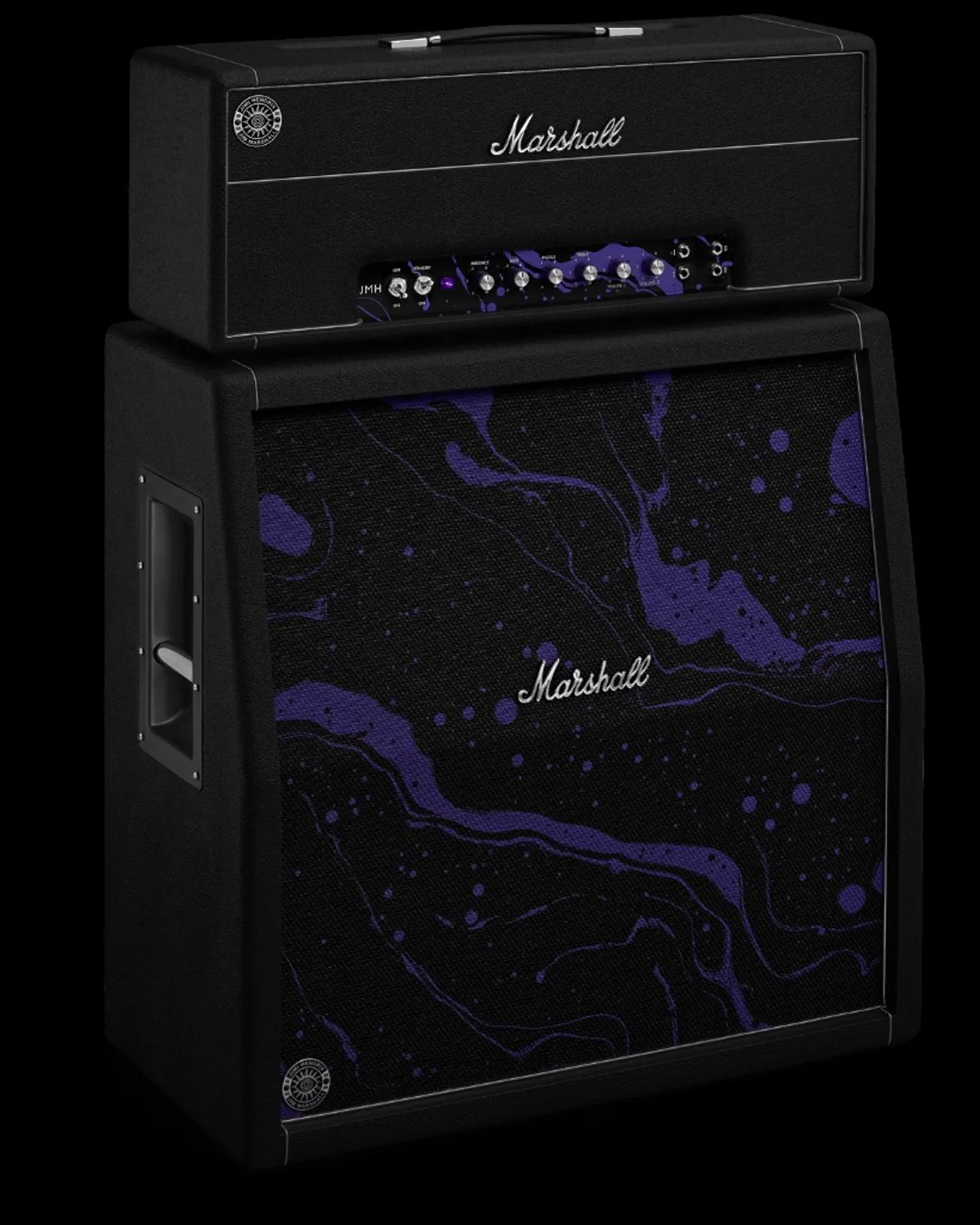 Marshall 1959 JMH Half Stack Jimi Hendrix 60th Anniversary: đầu công suất đen logo Marshall script trắng, mặt điều khiển tím xoáy psychedelic, emblem JIMI HENDRIX / JIM MARSHALL; loa 4×12 grille vải tím-đen, viền trắng, nền đen studio
