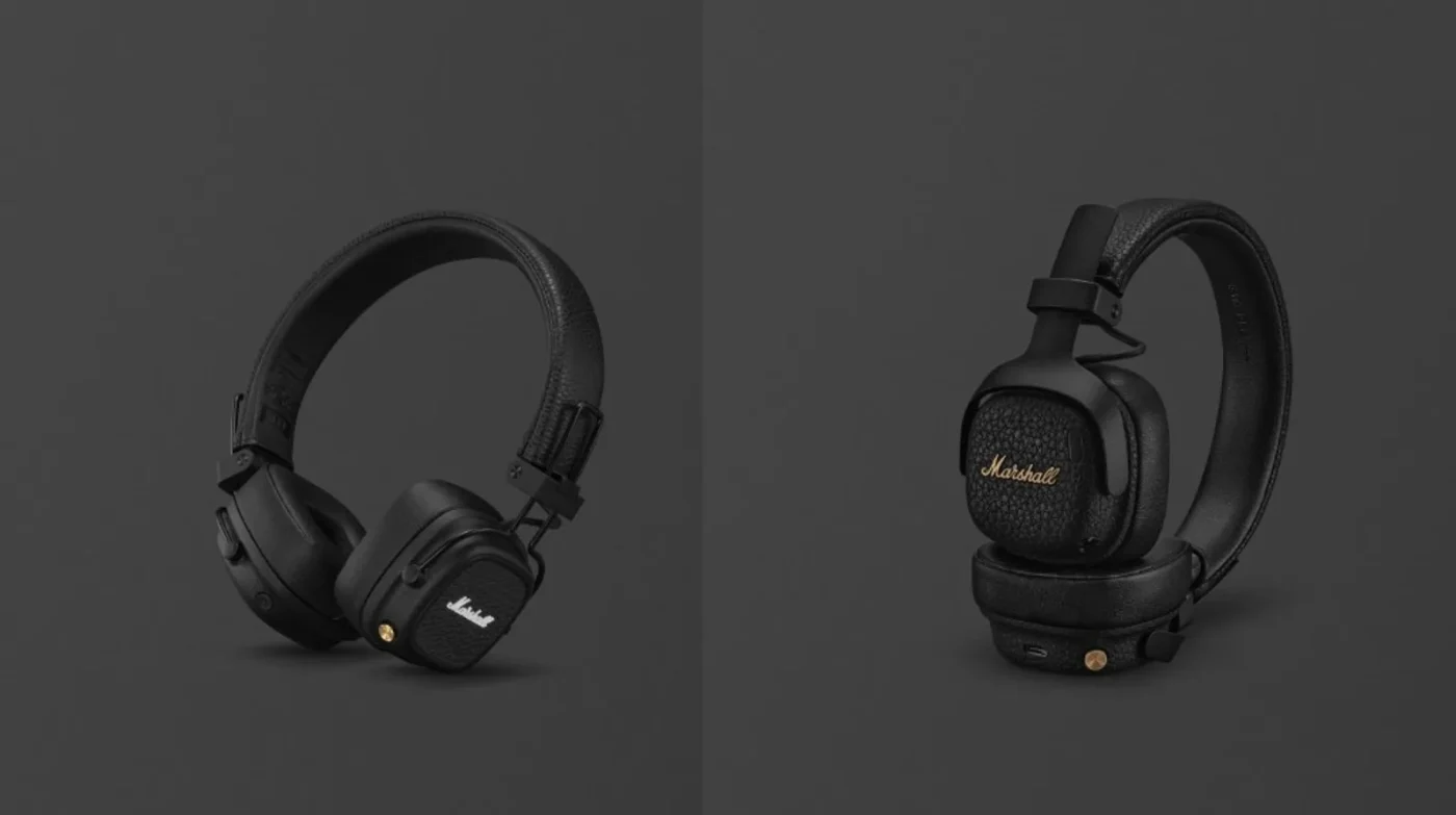 Marshall Major V (trái) và Marshall Milton A.N.C. (phải) cạnh nhau, cùng màu đen, logo trắng và vàng