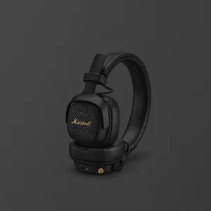 Marshall Milton A.N.C. màu đen gập gọn, logo vàng brass và núm điều khiển vàng trên nền xám