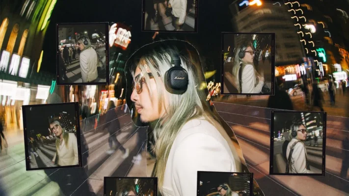 Collage lifestyle: người đeo Marshall Milton A.N.C. trên phố đêm, ánh sáng xe và khung film
