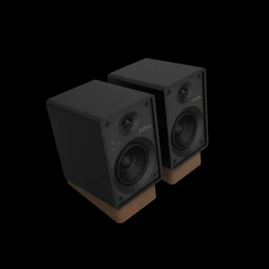 Cặp loa powered Onkyo Creator GX-10DB màu đen, tweeter và woofer lộ, đế gỗ và chữ GX-10DB Powered Speaker