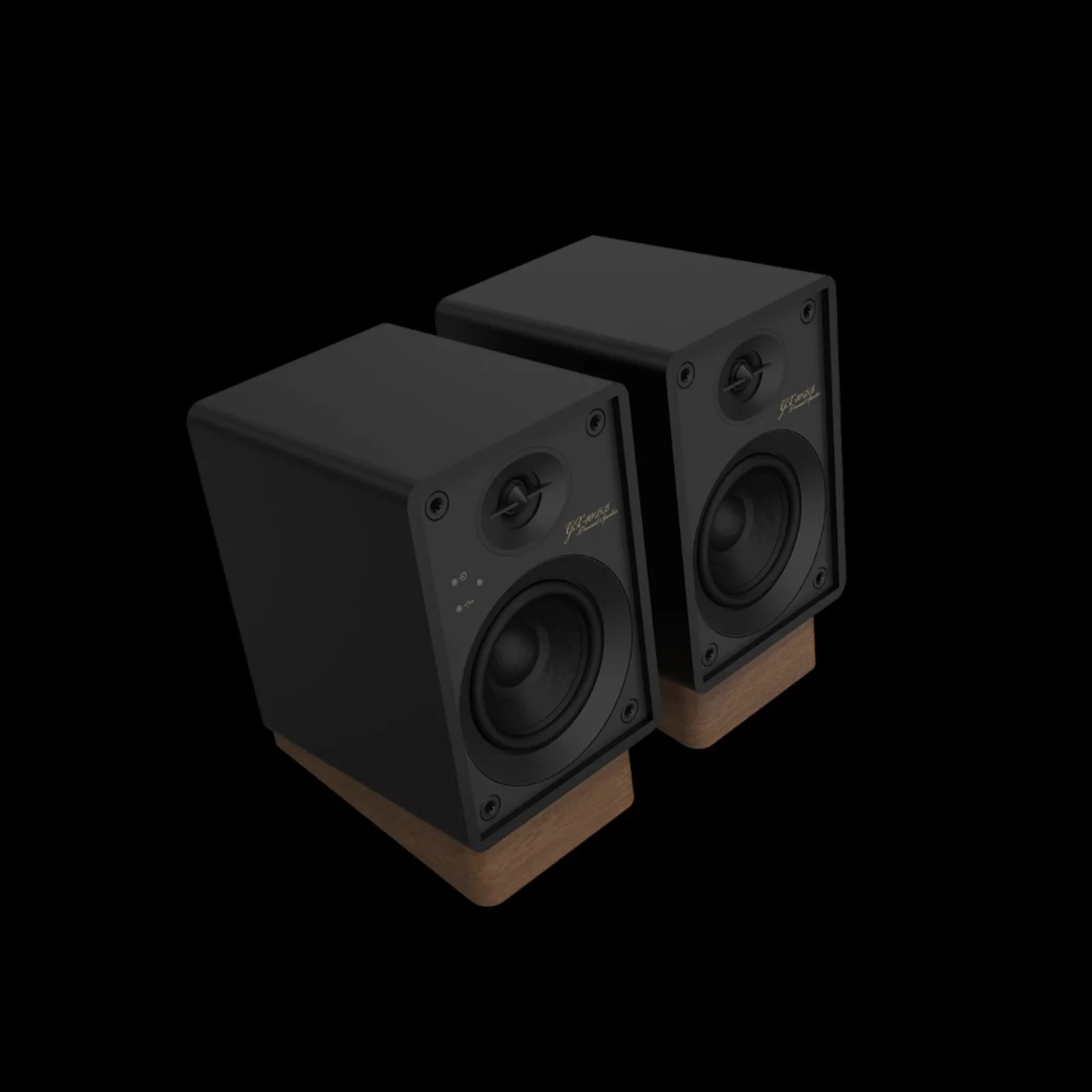 Cặp loa powered Onkyo Creator GX-10DB màu đen, tweeter và woofer lộ, đế gỗ và chữ GX-10DB Powered Speaker
