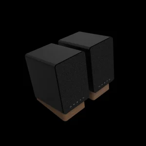 Cặp loa Onkyo Creator GX-10DB đen với lưới vải, logo ONKYO và đế gỗ, góc nhìn từ trên