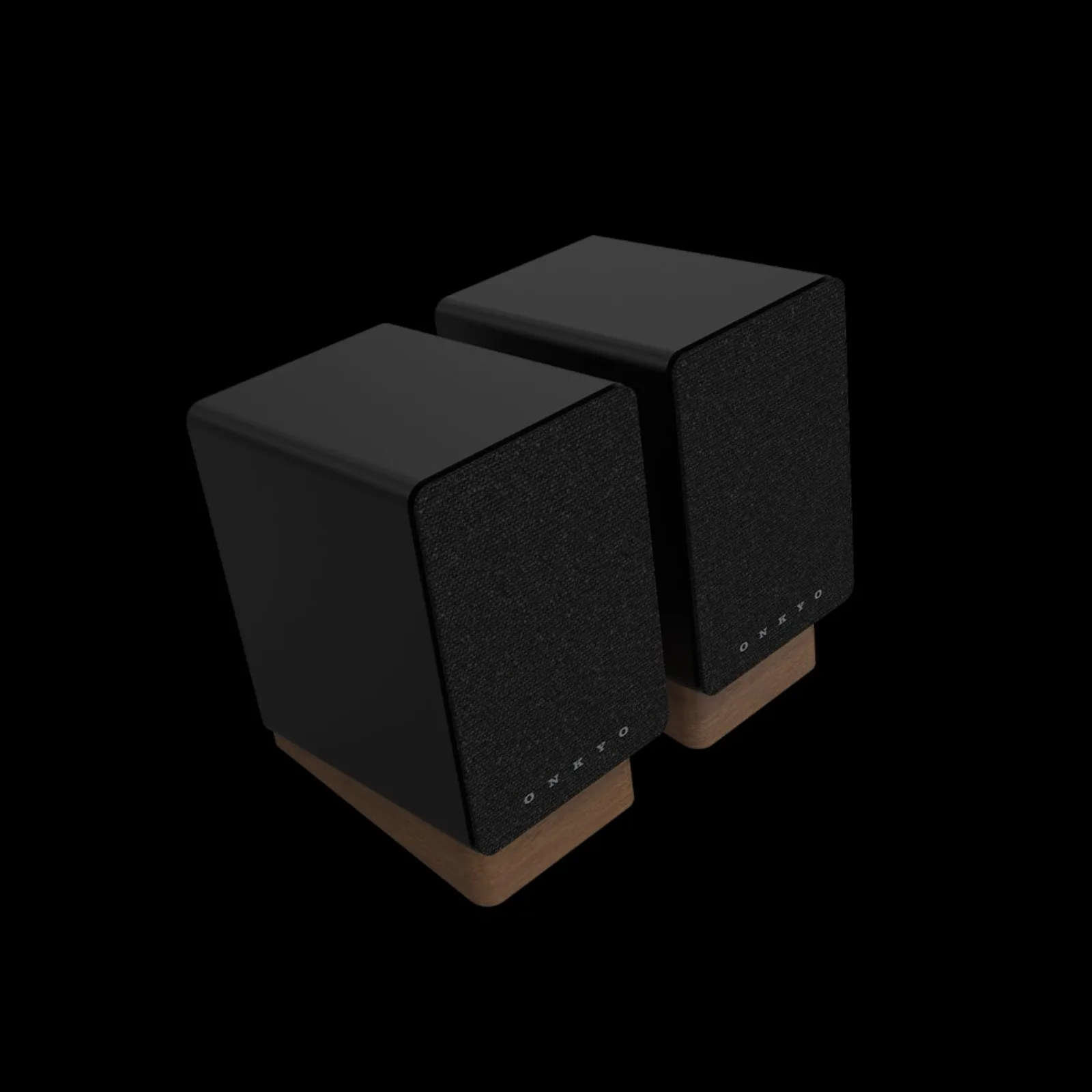 Cặp loa Onkyo Creator GX-10DB đen với lưới vải, logo ONKYO và đế gỗ, góc nhìn từ trên