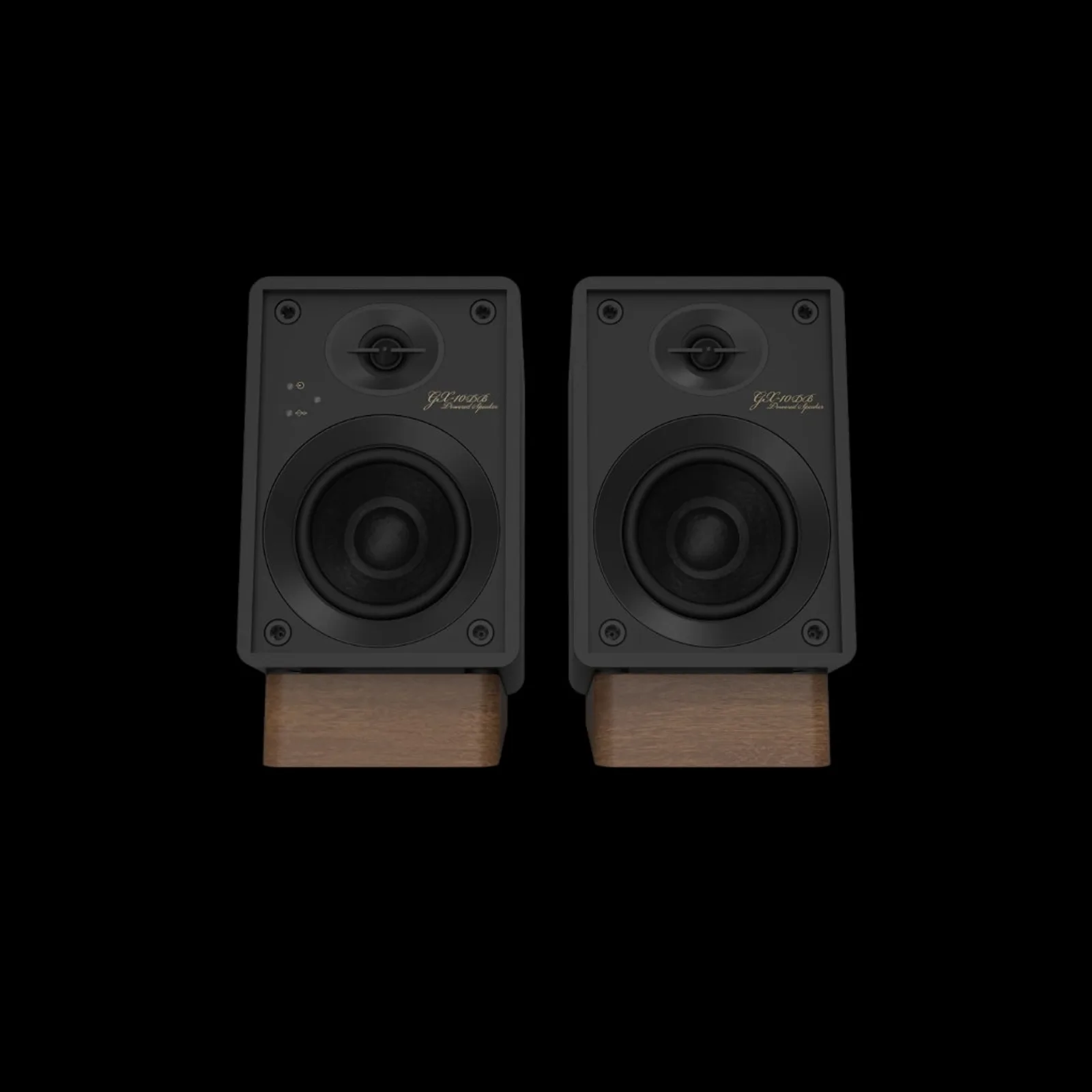 Cặp loa Onkyo Creator GX-10DB đen mặt trước không lưới, driver tweeter woofer và đế gỗ