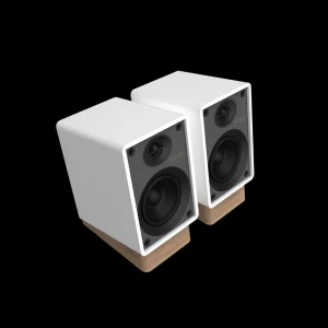 Cặp loa Onkyo Creator GX-10DB trắng góc ba phần tư, lưới tắt lộ driver và chữ vàng GX-10DB