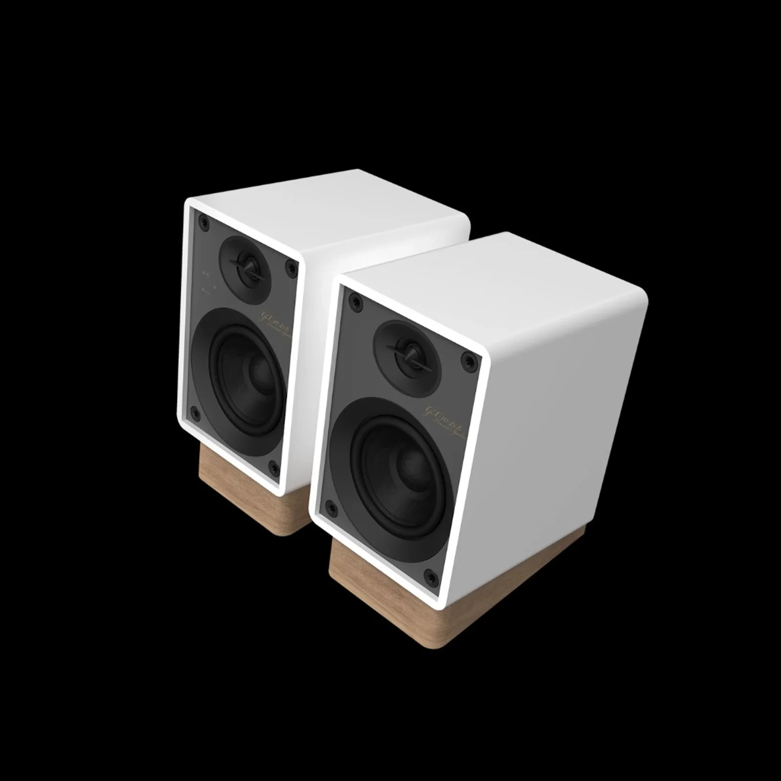 Onkyo Creator GX-10DB trắng nhìn chéo, driver và đế gỗ, thiết kế tối giản