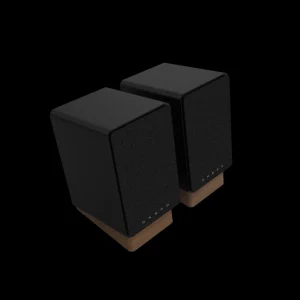 Cặp loa Onkyo Creator GX-30ARC đen lưới vải ONKYO, đế góc gỗ trên nền đen