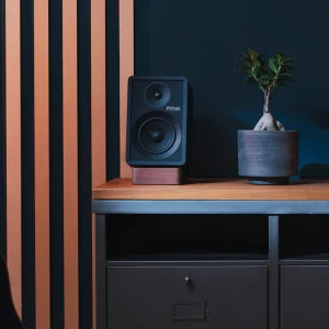 Loa Onkyo Creator GX-30ARC đen trên kệ gỗ cạnh cây cảnh và guitar trong phòng trang trí