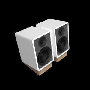 Cặp loa Onkyo Creator GX-30ARC trắng góc nghiêng lưới tắt, driver và đế gỗ