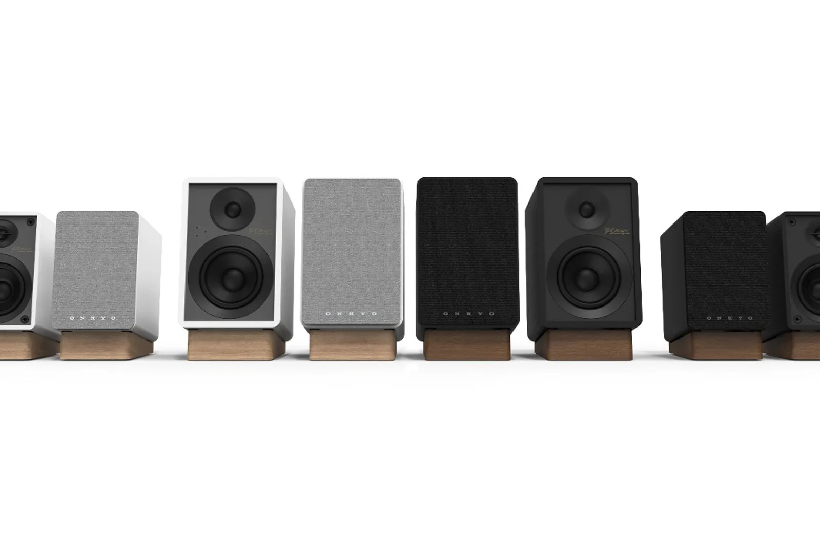 Dãy loa Onkyo Creator Series Powered Monitors trắng và đen, có và không lưới vải, đế gỗ