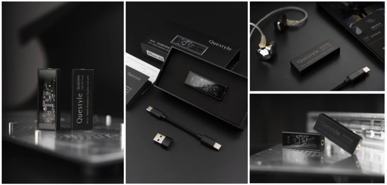 Collage Questyle M12i: hai máy đứng, hộp mở với cáp USB-C và adapter, cảnh dùng với IEM và điện thoại, cận jack 3,5 mm và mặt lộ mạch — tổng quan sản phẩm và phụ kiện.