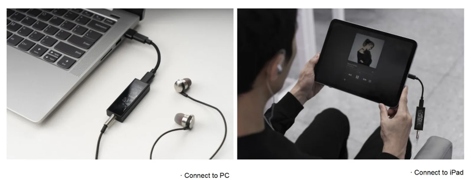 Cận cảnh Questyle M12i mặt trong suốt lộ chip ESS và mạch, nối USB-C với điện thoại và tai nghe in-ear kim loại dây trong trên nền đen có vân chéo.