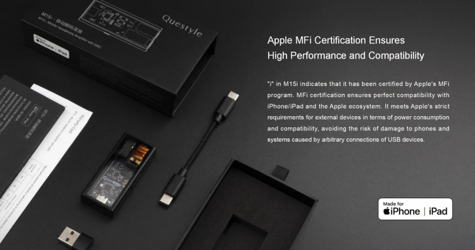 Questyle M15i trong hộp đen cùng cáp USB-C, adapter, tài liệu; giải thích chữ i là Apple MFi, logo Made for iPhone | iPad.