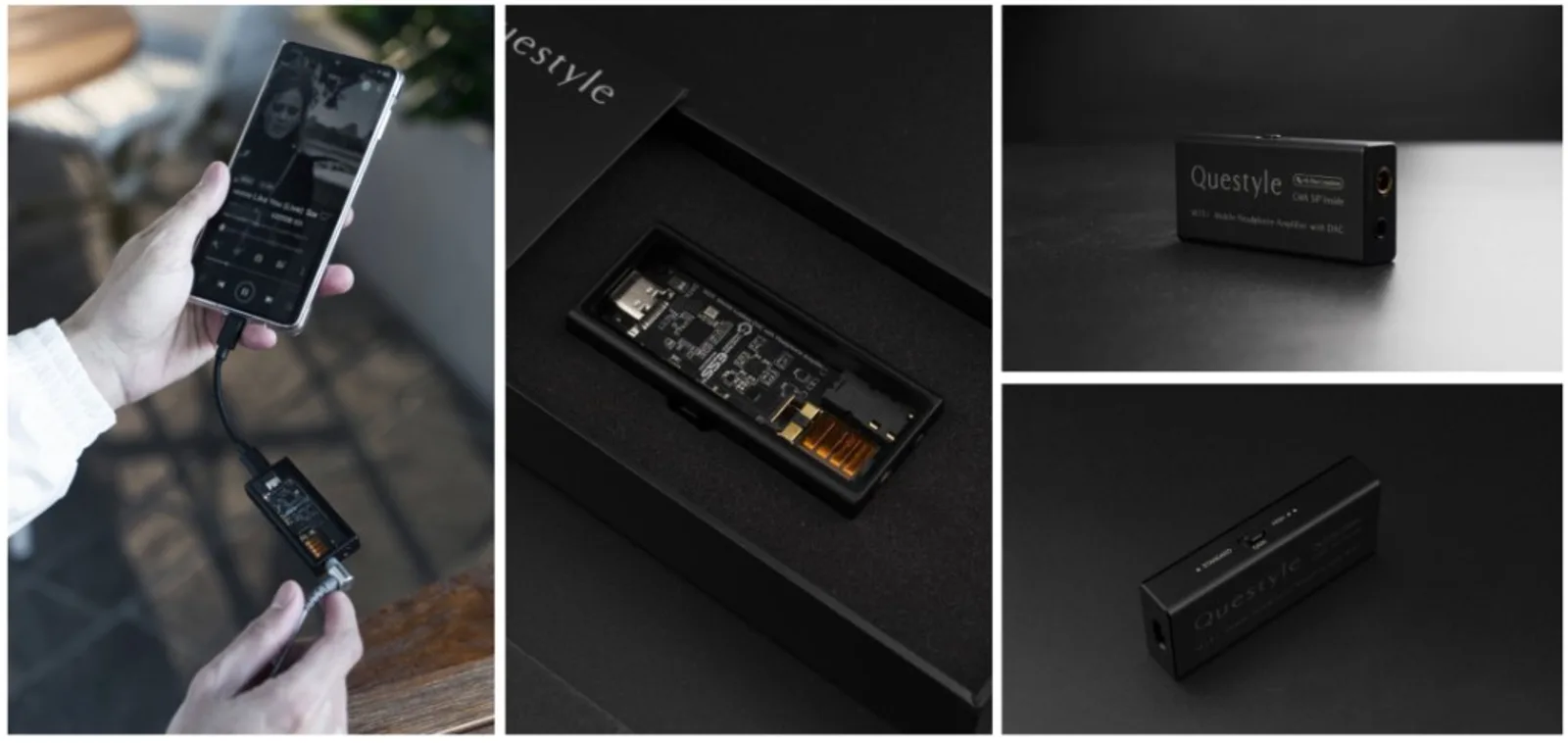 Collage Questyle M15i: dùng với điện thoại và tai nghe, trong hộp, cổng USB-C và jack 3,5 mm/4,4 mm, công tắc gain Standard/High — DAC/Amp di động lộ mạch.