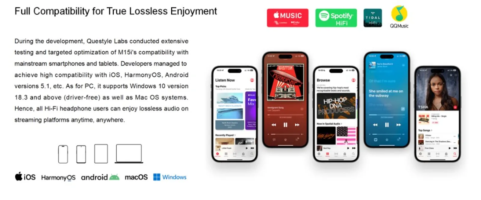 Infographic Questyle M15i: tương thích iOS, HarmonyOS, Android, Windows, macOS; logo Apple Music, Spotify HiFi, TIDAL, QQMusic và iPhone hiển thị nghe nhạc lossless.