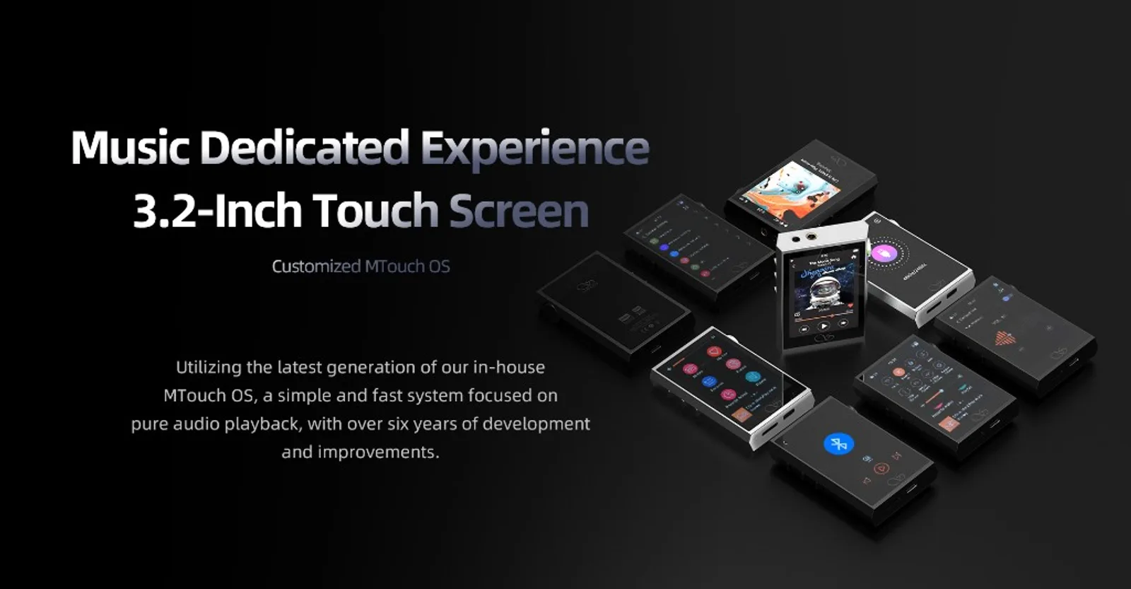 Ảnh minh hoạ Shanling M1 Plus với tiêu đề 3.2-inch Touch Screen, giao diện Mtouch OS và nhiều thiết bị xếp chồng trên nền đen