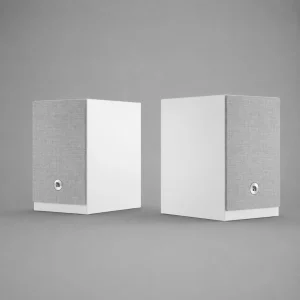Cặp loa bookshelf Audio Pro A28W màu trắng với ê-căng vải xám, thiết kế tối giản, ảnh sản phẩm nền xám