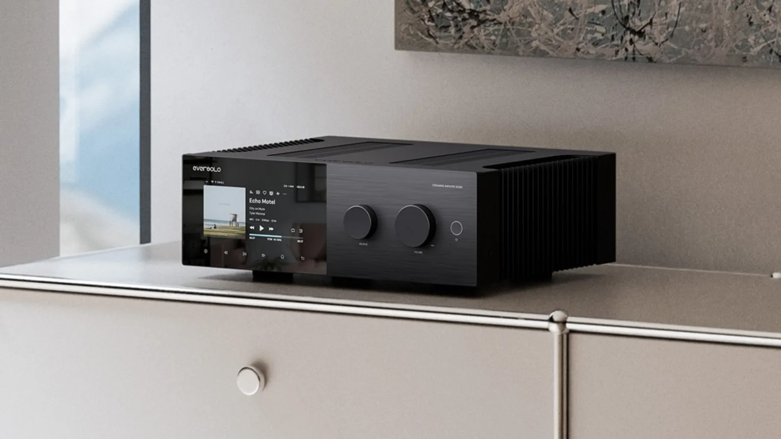 Ampli tích hợp streaming Eversolo SA200 với màn Tidal và hai núm Source Volume