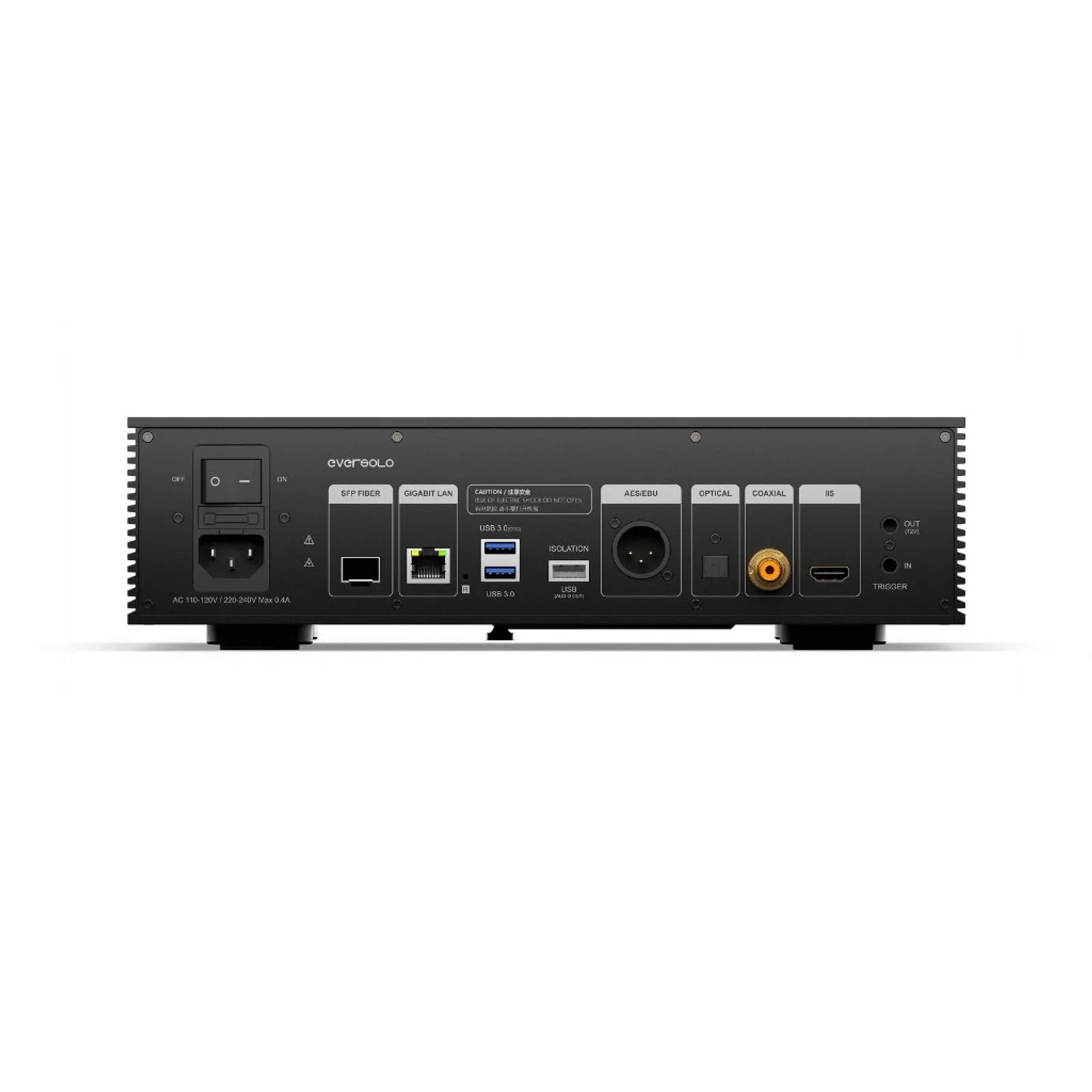 Mặt sau Eversolo T8 với SFP fiber, LAN gigabit, USB 3.0, USB isolated, AES/EBU, optical, coax, IIS và trigger 12V