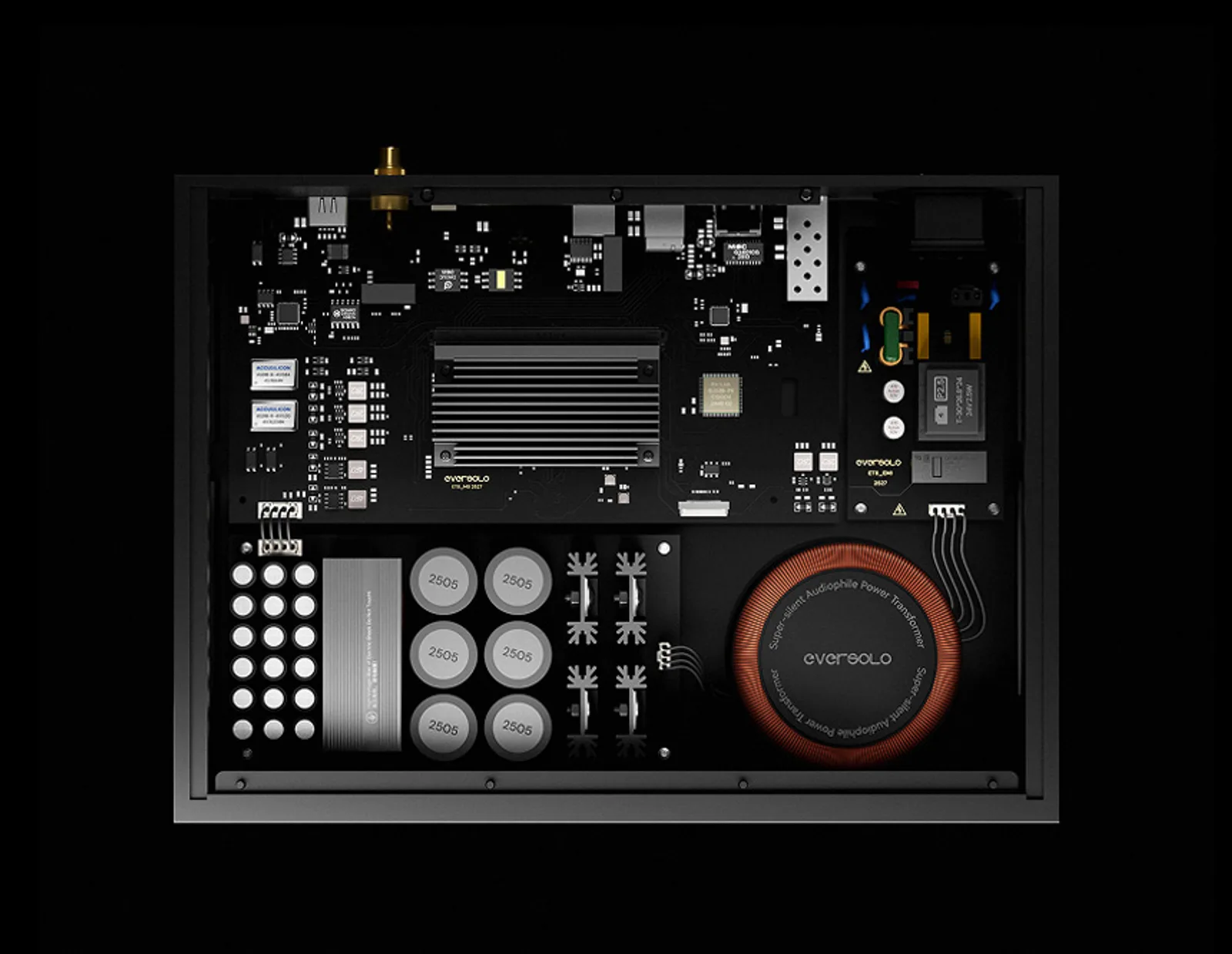 Nội thất Eversolo T8: biến áp toroidal super-silent, tụ lọc, clock Accusilicon và mainboard ET8 trên PCB đen