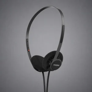 Tai nghe Koss KPH40 Utility Black màu đen, headband kim loại mỏng, chụp tai foam và logo KOSS trên nền xám