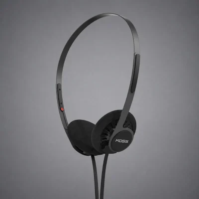Tai nghe Koss KPH40 Utility Black màu đen, headband kim loại mỏng, chụp tai foam và logo KOSS trên nền xám