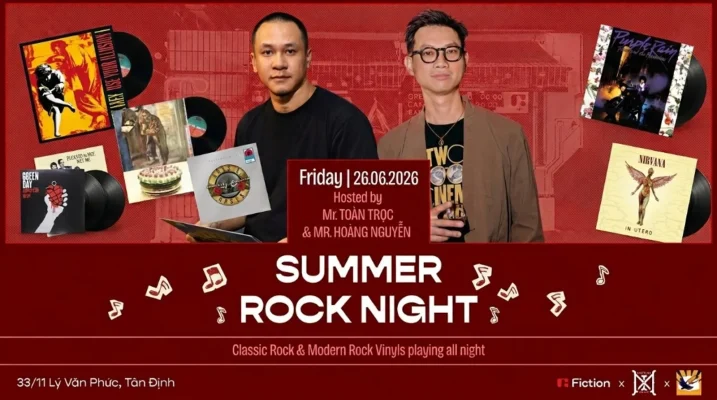 Poster sự kiện Summer Rock Night Listening Party District M x Fiction Cafe.bar ngày 26.06.2026 tại 33/11 Lý Văn Phức, Mr. Toàn Trọc và Mr. Hoàng Nguyễn, đĩa than Classic Rock và Modern Rock