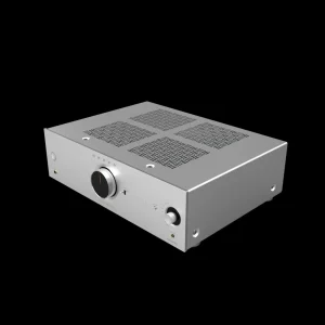 Onkyo Icon A-50 nhôm bạc góc phải, núm volume đen viền cam và logo DIDRC