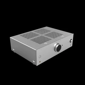 Onkyo Icon A-50 màu bạc, góc ba phần tư trên nền đen với khe tản nhiệt vuông