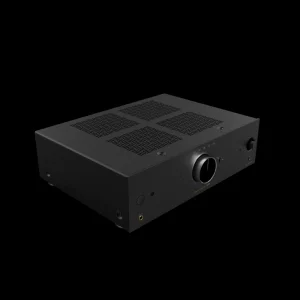 Onkyo Icon A-50 màu đen matte, góc ba phần tư với núm volume và khe tản nhiệt mặt trên