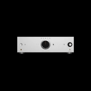 Mặt trước Onkyo Icon A-50 màu bạc nhôm xước, núm volume trung tâm, chữ Integrated Amplifier A-50 vàng
