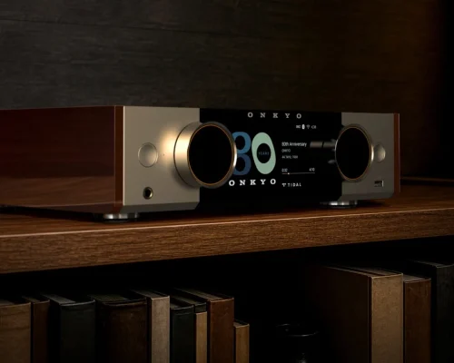 Onkyo Muse Y-50 80th Anniversary mặt trước nhôm Champagne Gold, màn 80 Years và TIDAL, hai núm điều khiển, khung gỗ óc chó