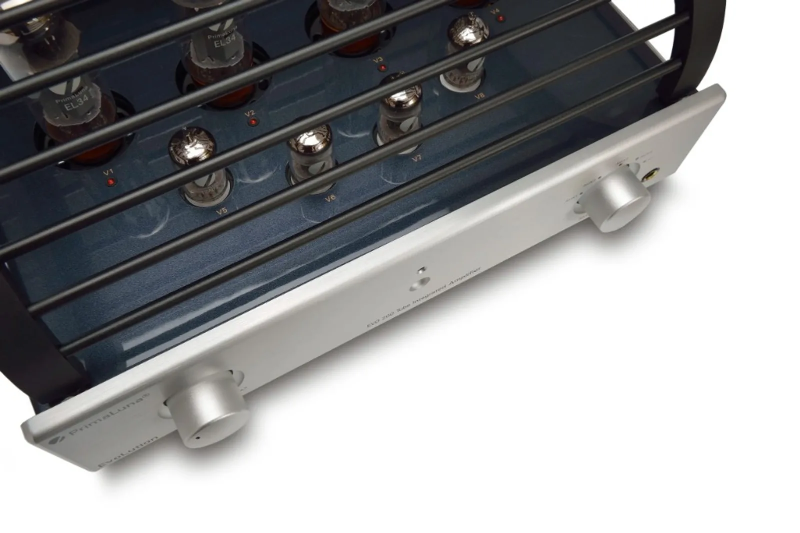 Góc cao PrimaLuna EVO 200 Integrated màu bạc với ống đèn và núm điều khiển Volume Selector