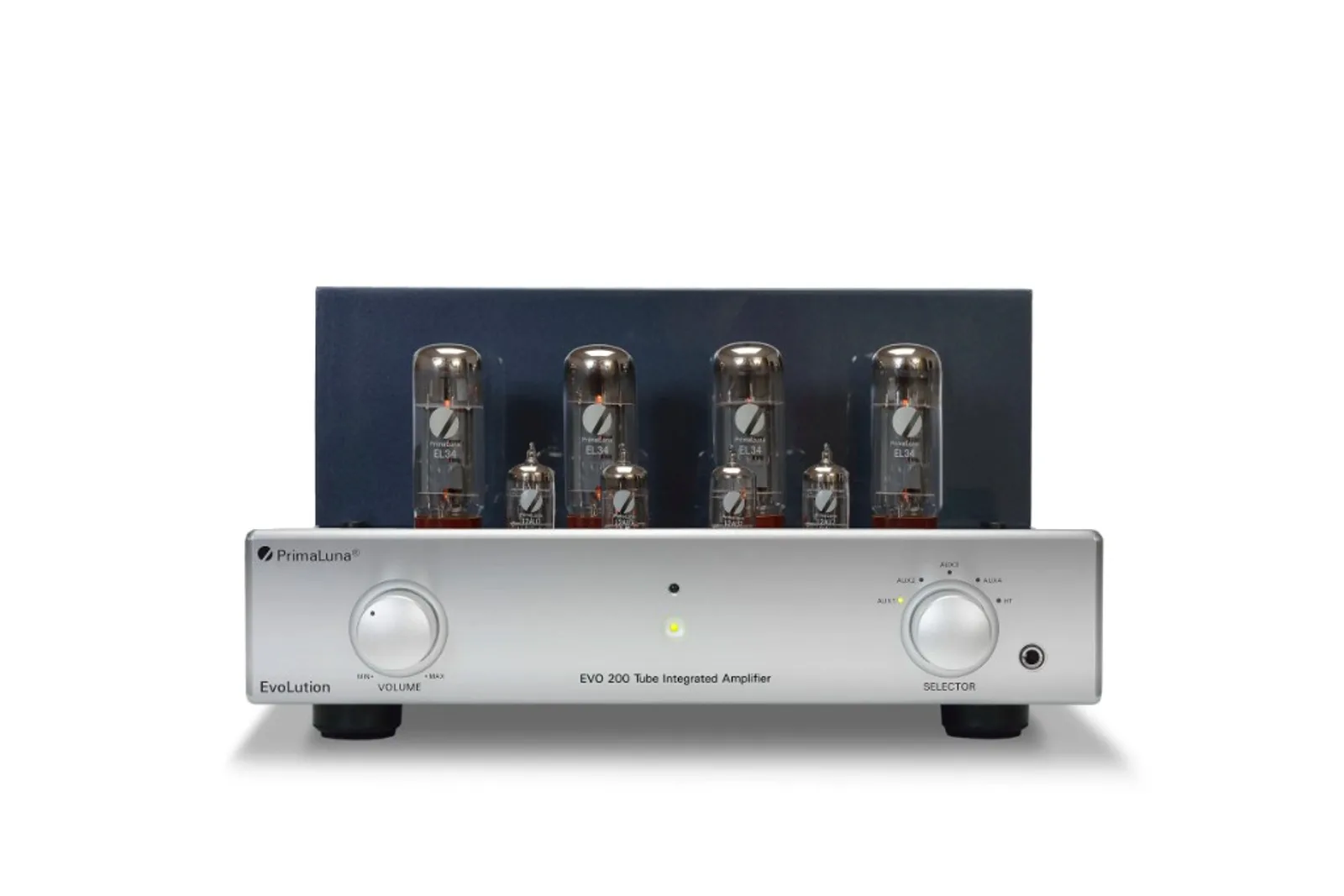 PrimaLuna EVO 200 Integrated màu bạc góc thấp, núm Volume Selector và ống đèn EL34