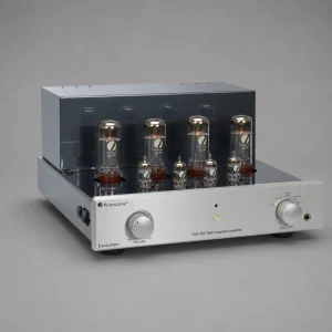PrimaLuna EVO 200 Integrated màu bạc góc ba phần tư với ống đèn sáng và núm điều khiển