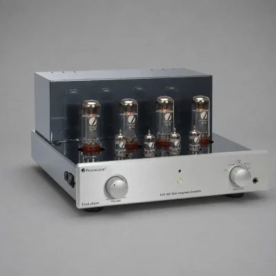 PrimaLuna EVO 200 Integrated màu bạc góc ba phần tư với ống đèn sáng và núm điều khiển