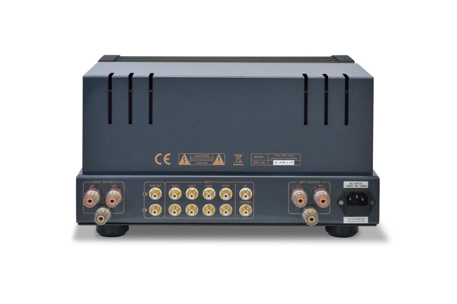 Mặt sau PrimaLuna EVO 200 Integrated với cổng loa 4 8 ohm RCA AUX và công suất 230V