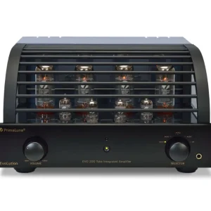 PrimaLuna EVO 200 Integrated màu đen mặt trước chữ vàng, lồng bảo vệ và ống EL34