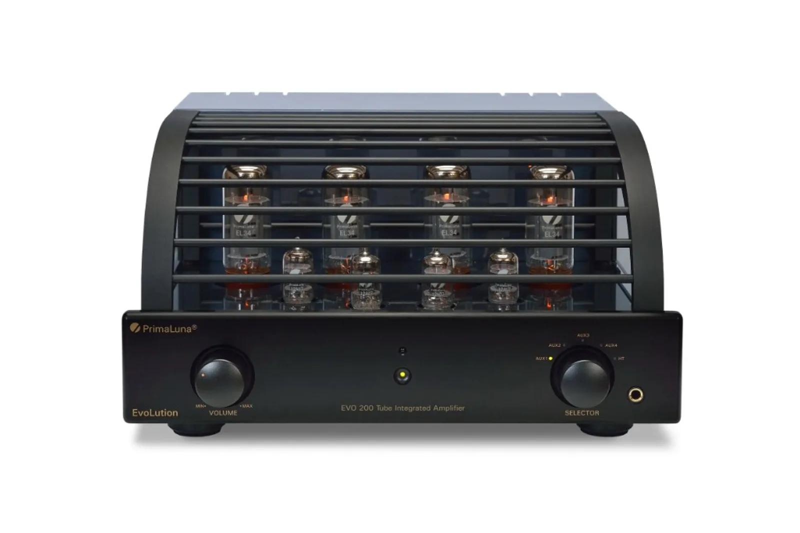 PrimaLuna EVO 200 Integrated màu đen mặt trước chữ vàng, lồng bảo vệ và ống EL34